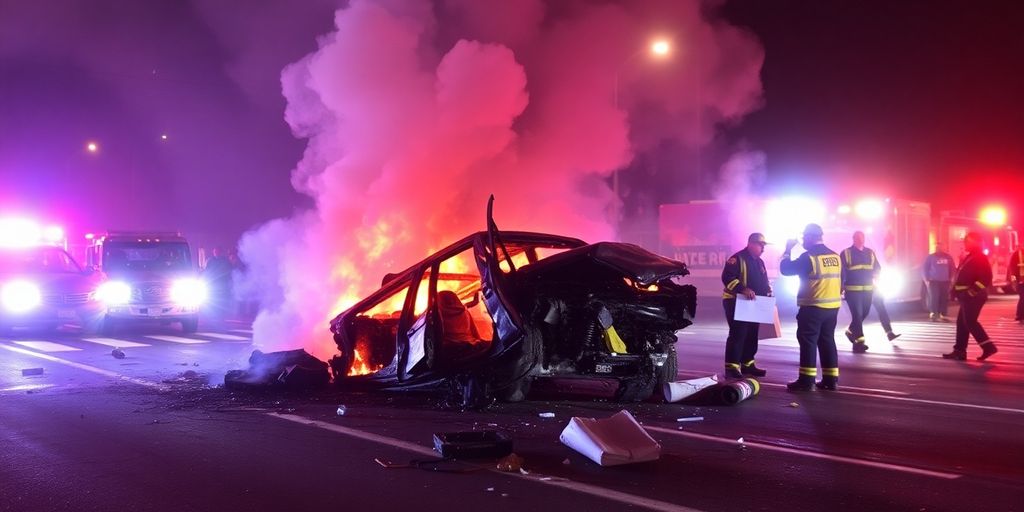 Burnt cars and emergency responders at a crash site.