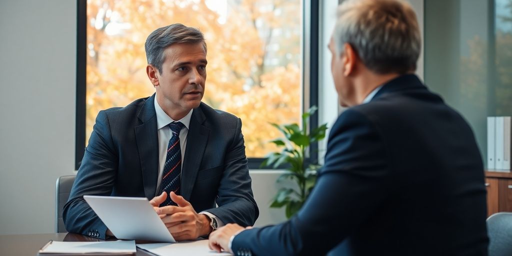 A lawyer consulting with a client in an autumn setting.