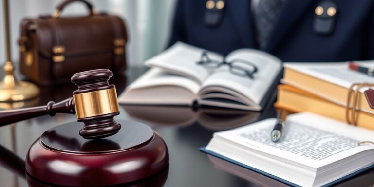 Corporate attorney's desk with legal tools and briefcase.