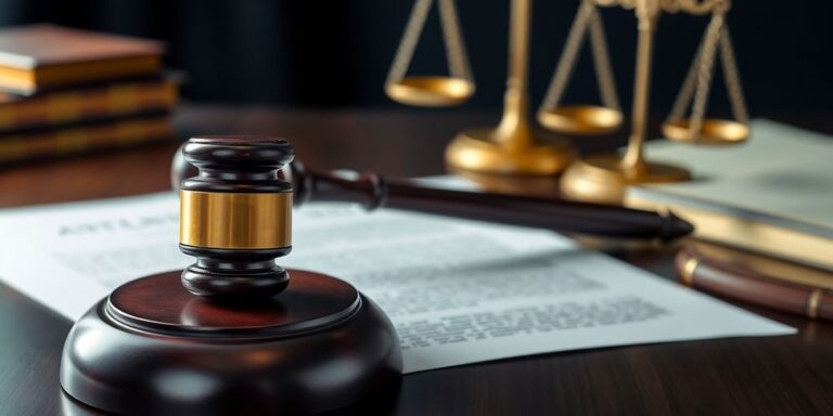 Legal documents and gavel on a desk.