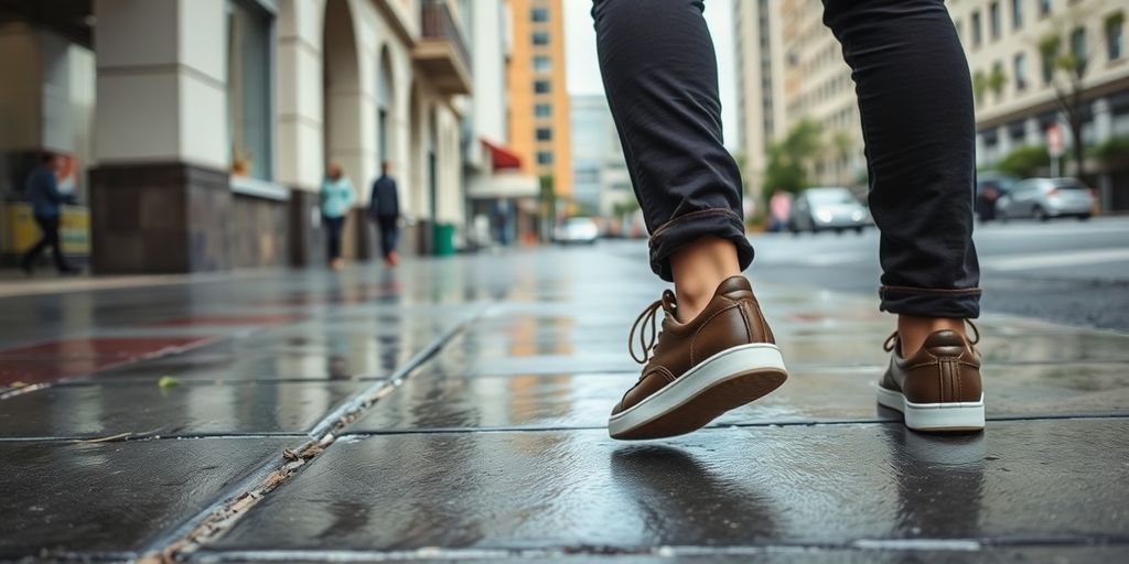 Person walking cautiously on a wet sidewalk.