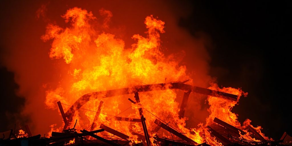 Photograph of a raging fire engulfing a building.