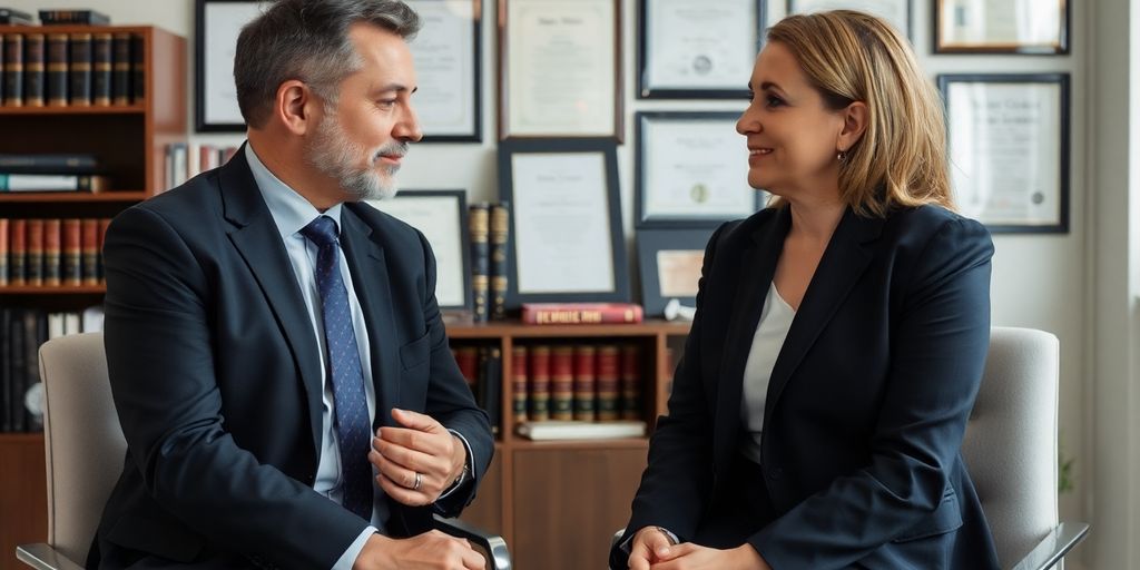 Personal injury lawyer consulting with a client in an office.