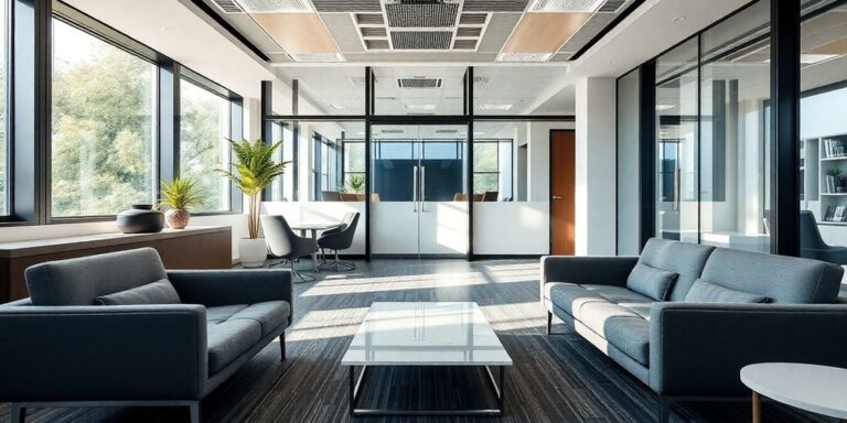 Modern legal office interior with sleek furniture and lighting.