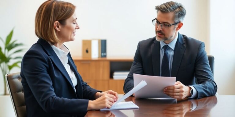 Attorney consulting with client in a legal office.