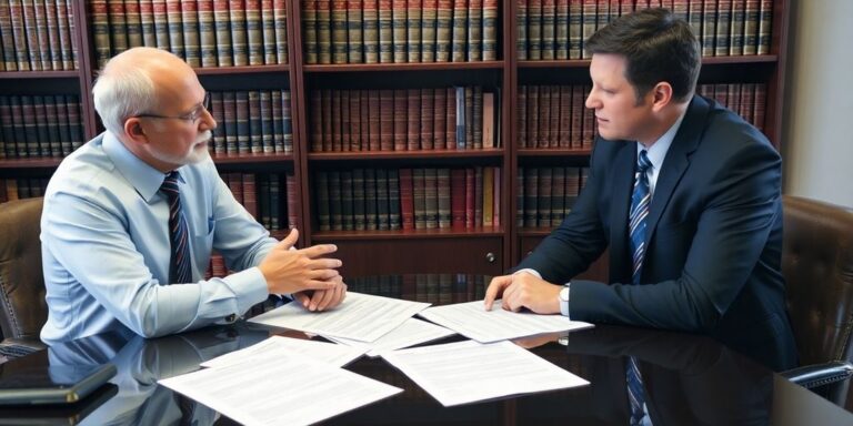 Attorney and client discussing personal injury case in office.