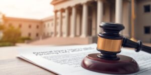 Gavel on legal document with courthouse in background.