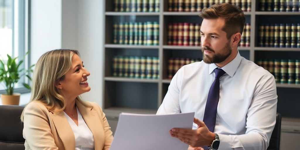 Attorney and client in discussion in modern office.