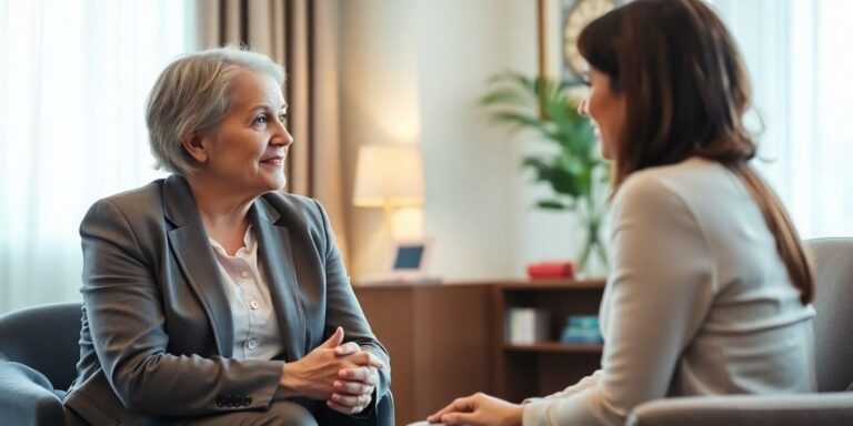 Attorney consulting client in a warm, professional office.