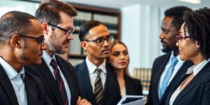 Group of attorneys discussing a case in an office.