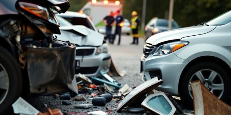 Damaged cars at a car accident scene with responders.