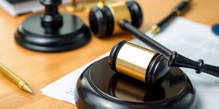 Gavel and legal documents on a desk.