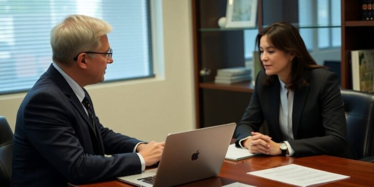 Lawyer consulting with client in office setting.