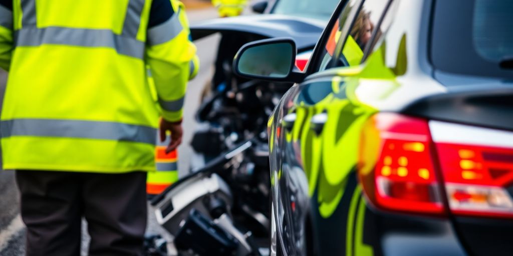 Photograph of a car accident scene with damaged vehicles.