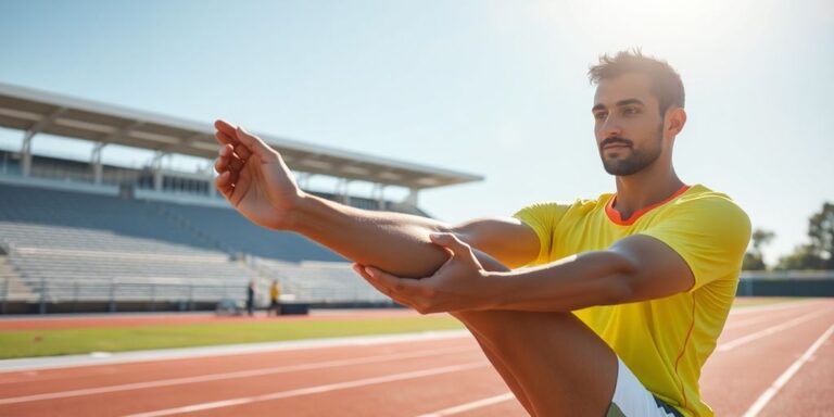 Athlete stretching on a track for injury prevention.