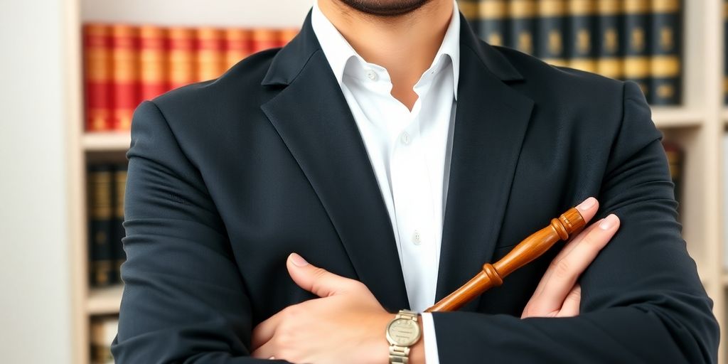 Professional lawyer in a suit with legal books.