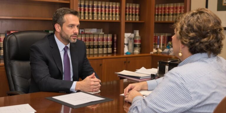 Attorney consults client in a welcoming office environment.