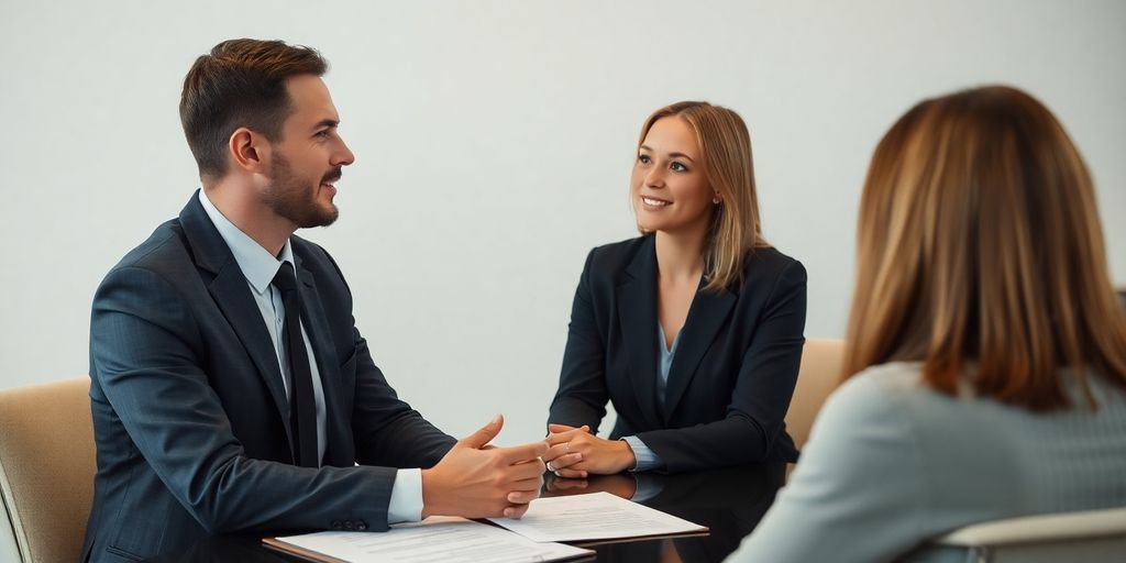 Attorney and client in a consultation at a desk.