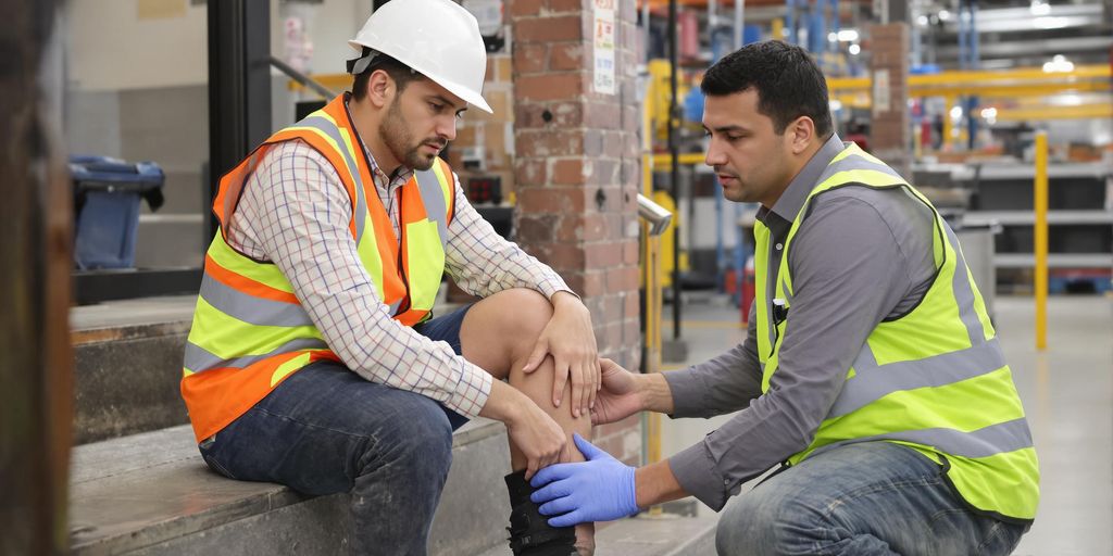 Injured worker receiving assistance at a busy workplace.