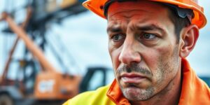 Injured worker in safety gear at a construction site.