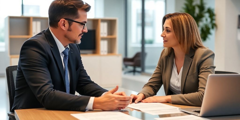 Business lawyer consulting with client in modern office.