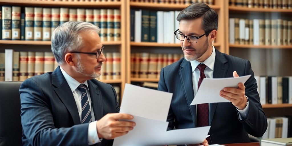 Lawyer consulting with client in a professional office setting.