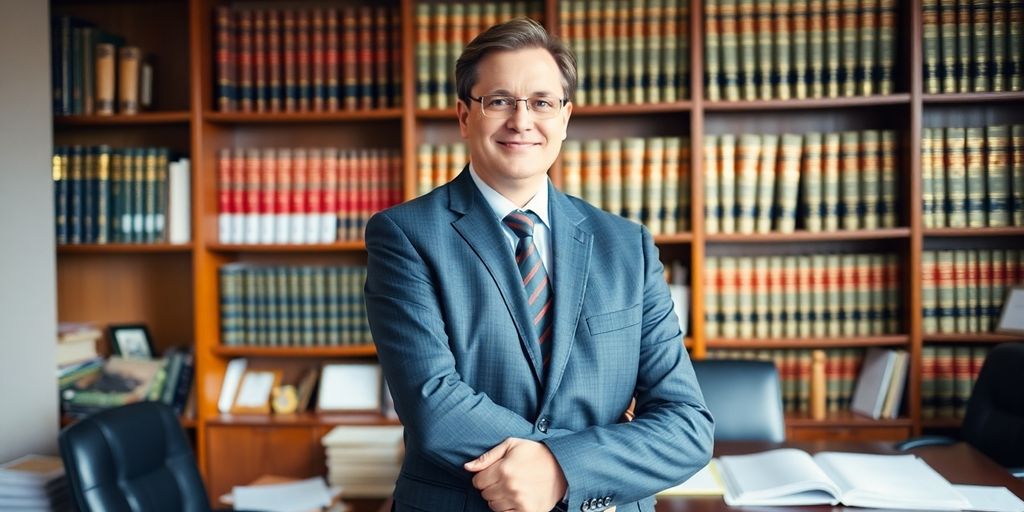 A confident lawyer in a formal suit in an office.