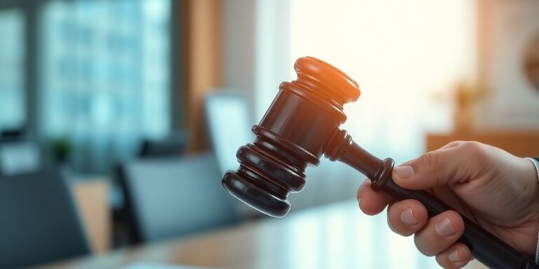 Lawyer's hand holding a gavel in an office setting.